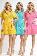S3105 EMBELLISHED BUTTON-FRONT SHIRT DRESS (YEL-GRN, TEAL)