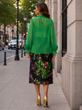 T26001 FLOWER ACCCENT NECKLINE AND CUFFED TOP (GRN, PRPL)