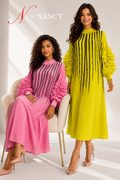 NY0062 RUFFLE SLEEVE STRIPE ART CRINKLE DRESS (PNK, YLW)