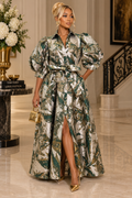 GF17976 ABSTRACT PRINT BROCADE PUFF-SLEEVE MAXI DRESS