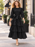 T1630 LACE TRIM TIERED MIDI DRESS (BLK, CAMEL)