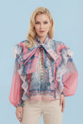 GF1473 TOILE PRINT RUFFLE BOW-TIE TOP