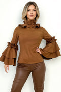 A2002 RUFFLE NECK TOP (COFFEE, OLIVE)