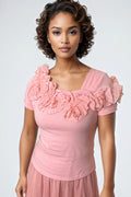 NY0026 RUFFLE NECK TOP (CORAL, BLK, WHT)