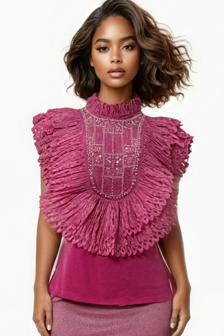 S3085 EMBLISHISHED RUFFLE TOP (PINK, WHT)