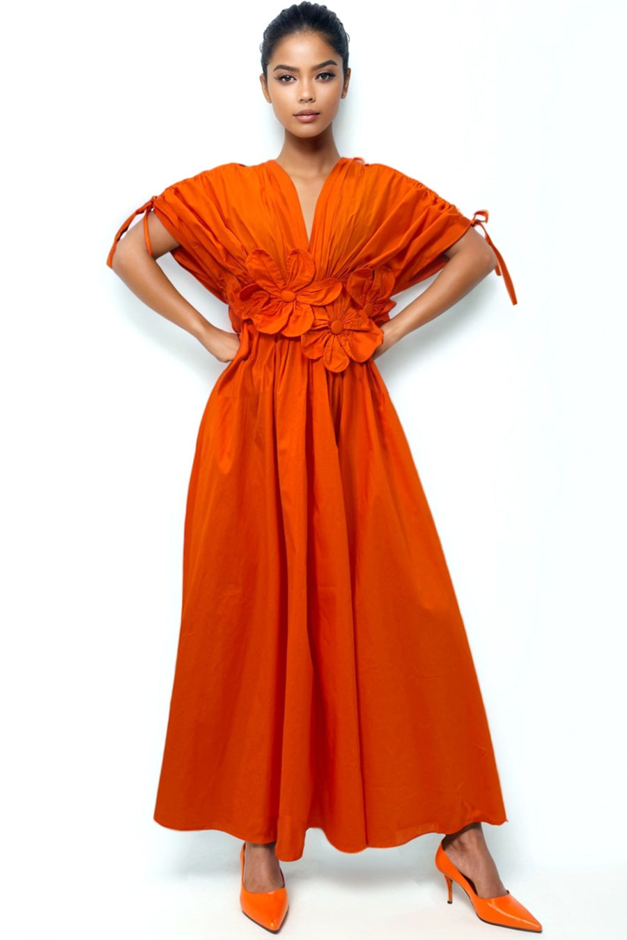 S3062 FLOWER WAIST MAXI DRESS (ORANGE, BLUE) (S, M, XXL)