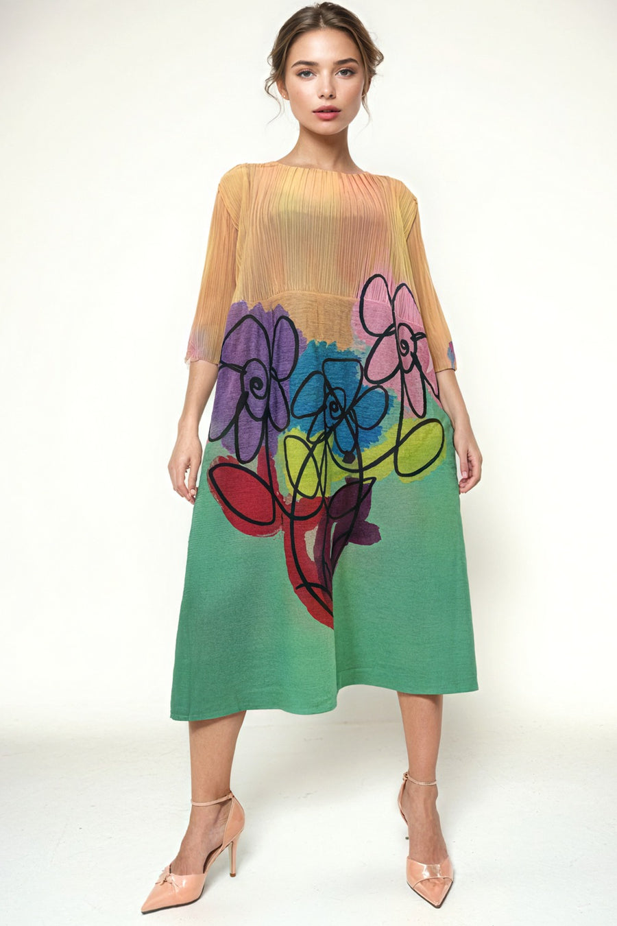 NY0028 FLORAL CRINKLED DRESS