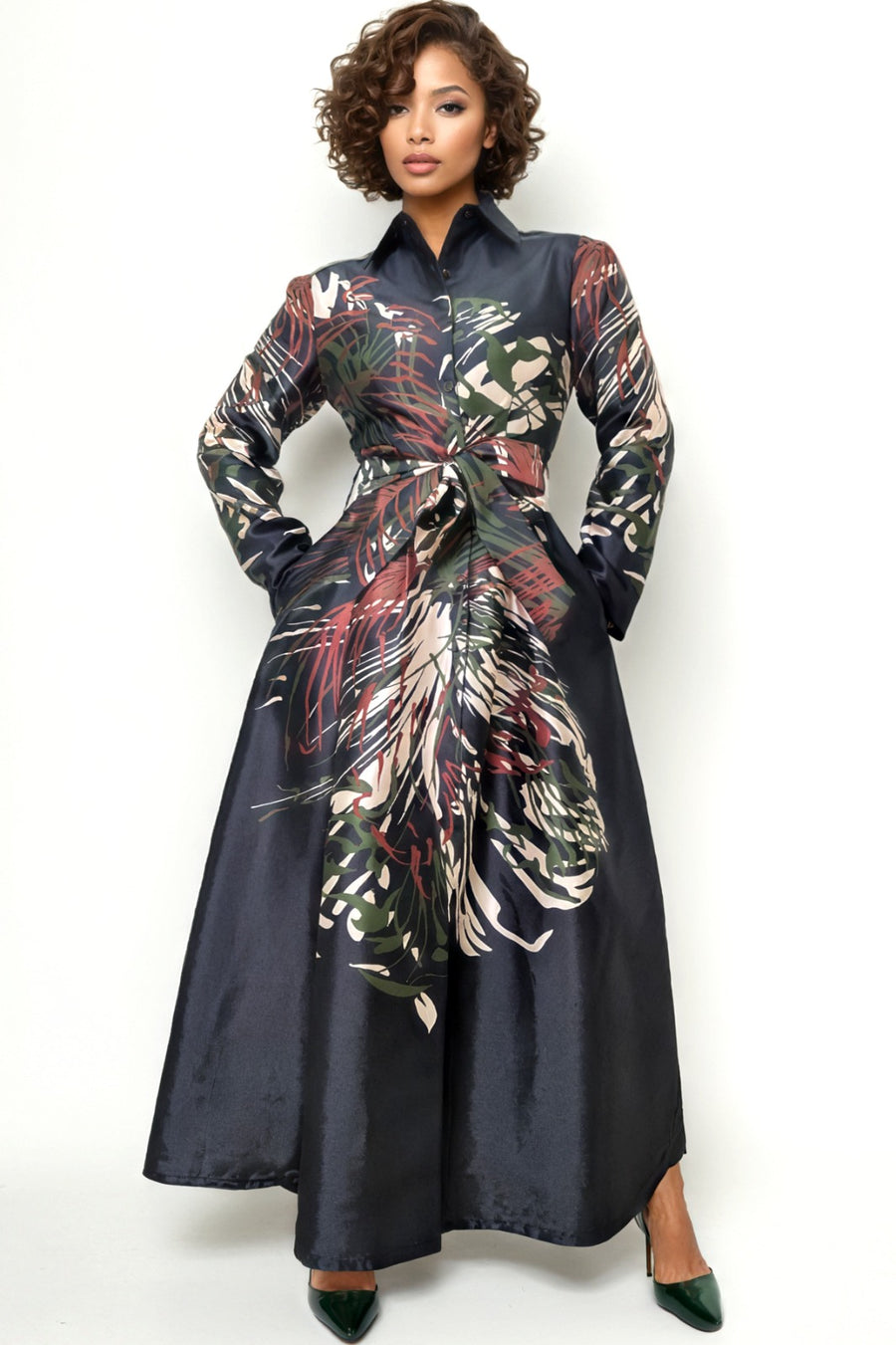 A95112 ABSTRACT SPLASH MAXI DRESS (GRN, BLK)