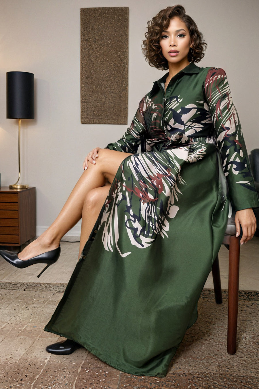 A95112 ABSTRACT SPLASH MAXI DRESS (GRN, BLK)