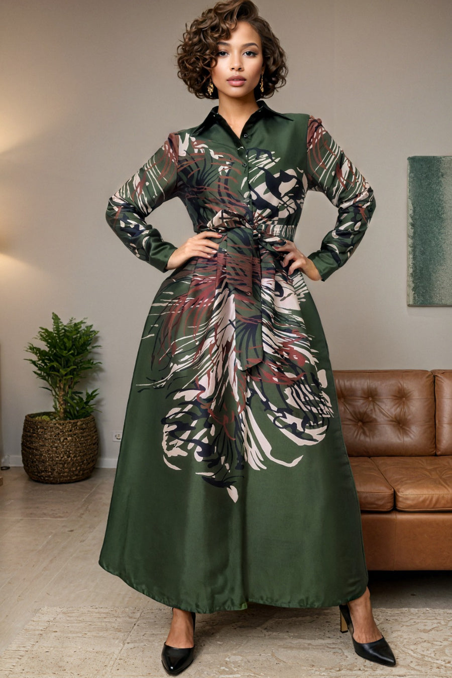 A95112 ABSTRACT SPLASH MAXI DRESS (GRN, BLK)