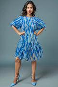 T81107 COLOR DRIP PUFF SLEEVE DRESS (BLUE, WHT)