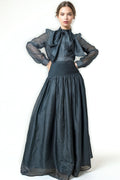 W5947 TIE NECK TOP / SKIRT SET (BLK, GRN)