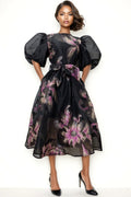 T2579A PUFF SLEEVE BROCADE DRESS