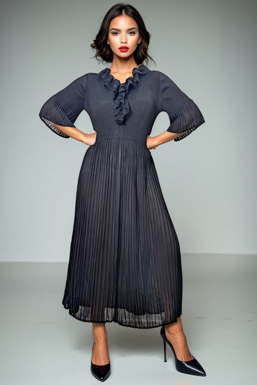 NY0029 RUFFLE NECK CRINKLED MIDI DRESS