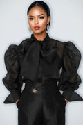 A95016 SHEER TIE NECK PUFF SLEEVE TOP (LILAC, WHT, BLK)