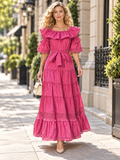 P102 COTTON LACE TRIM TIERED MAXI DRESS (WHT, PINK, GRN)