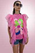 S2302 TULLE AND SEQUIN FLOWER TOP (GRN, BLK, PINK)
