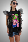 S2302 TULLE AND SEQUIN FLOWER TOP (GRN, BLK, PINK)