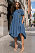 S3157 RHINESTONE FLOWER APPLIQUÉ DENIM MIDI DRESS