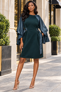 W5376 FAUX LEATHER CAPE SLEEVE DRESS (GRN, BLK)