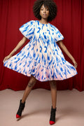 T81107 COLOR DRIP PUFF SLEEVE DRESS (BLUE, WHT)