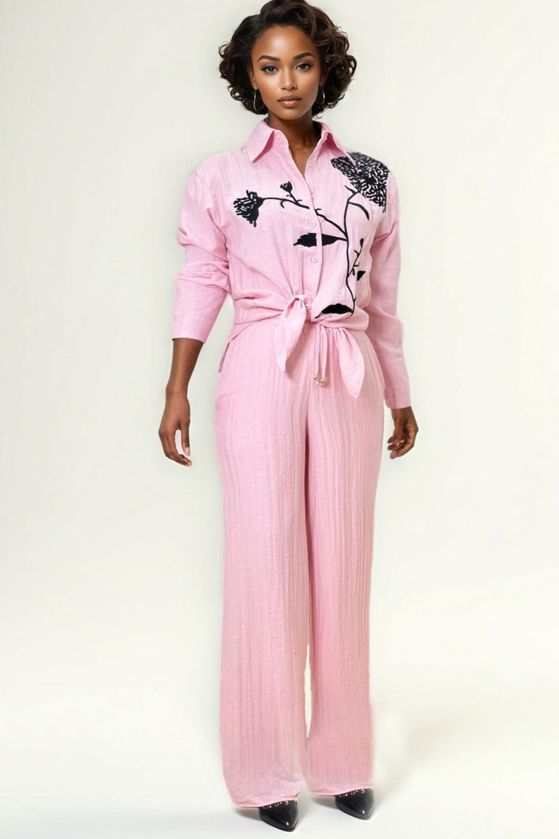 トップス OU X7845 FLOWER EMBROIDERED TOP / PANT SET (PINK, IVORY) – N by Nancy