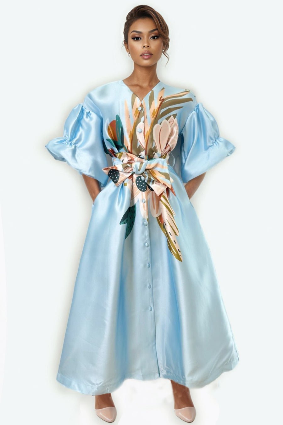 A95106 FLORAL PUFF SLEEVE DRESS