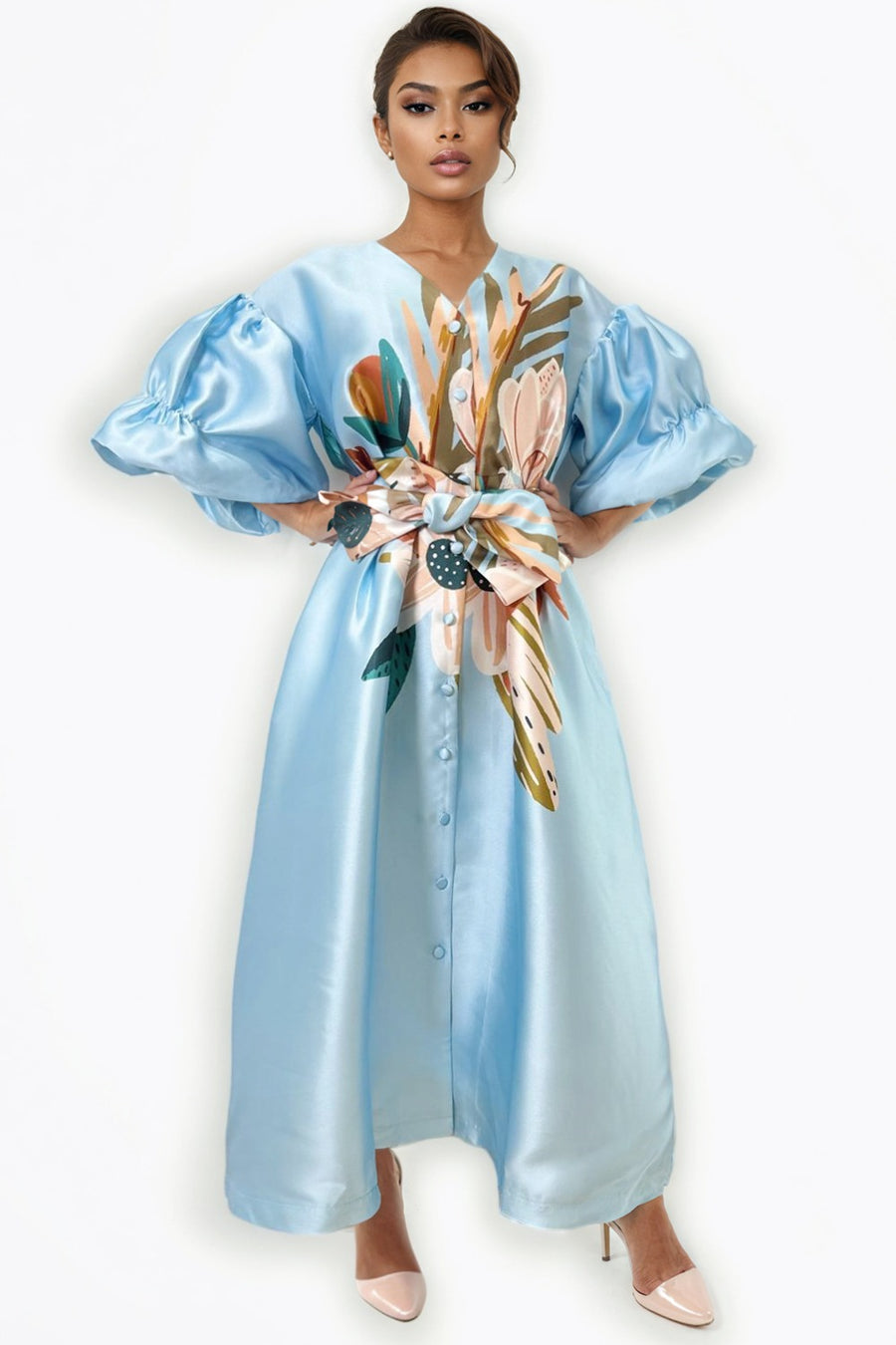 A95106 FLORAL PUFF SLEEVE DRESS