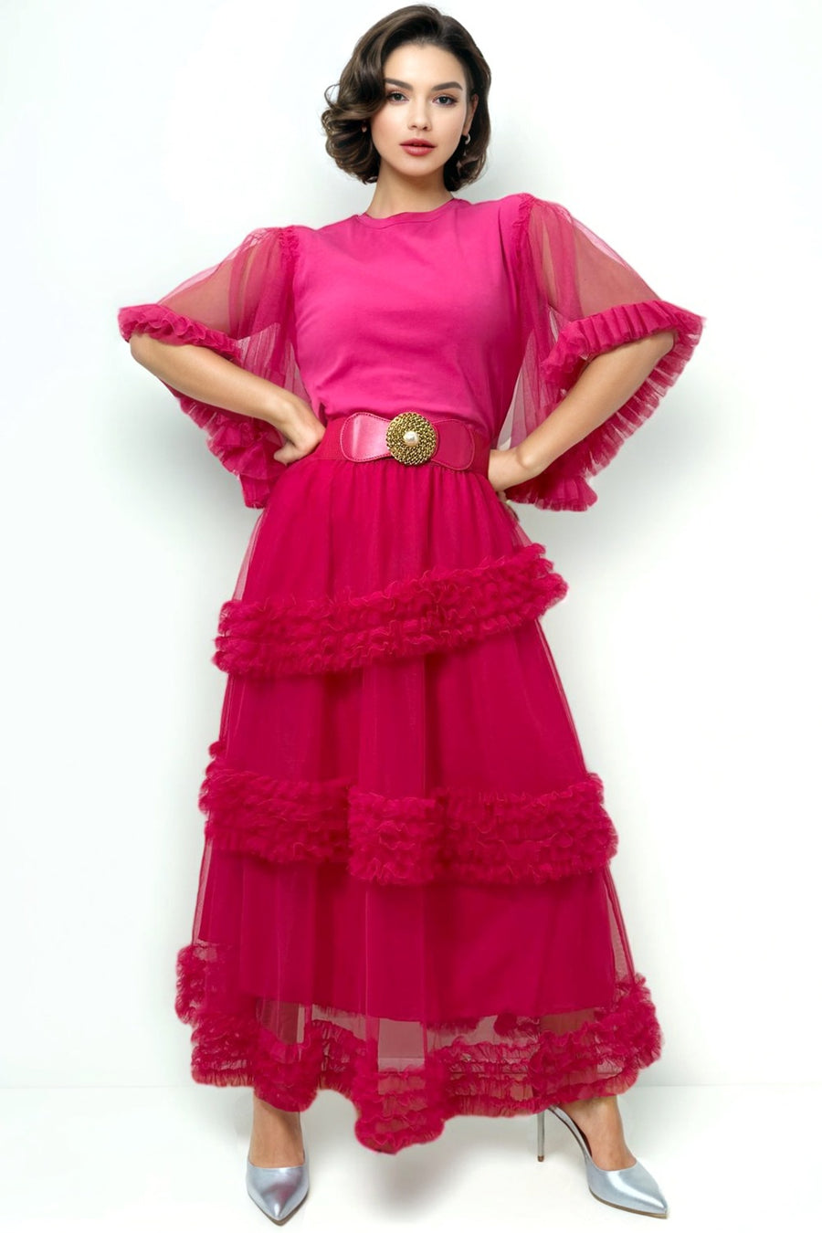 E7316 TULLE SLEEVE TOP (WHT, GRN, PINK)