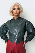 CH0098 PUFF-SLEEVE BOMBER JACKET TOP (BLK, GRN)
