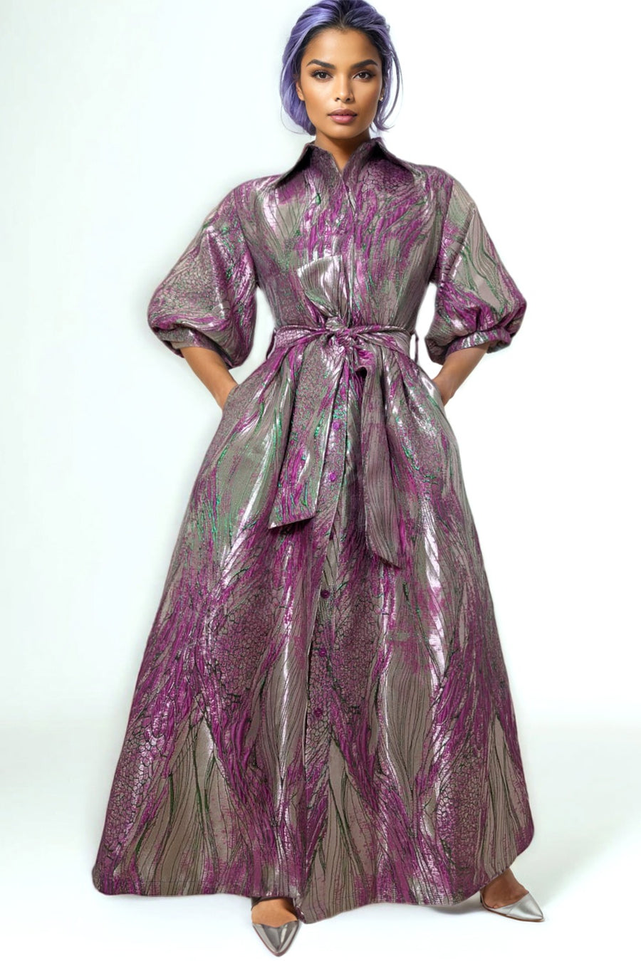 A95130 BROCADE PUFF SLEEVE MAXI DRESS