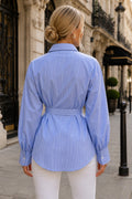 A96008 FLORAL LACE-CUTOUT STRIPED BELTED SHIRT