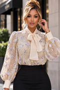 T26024 FLORAL SEQUIN TIE NECK TOP