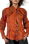 W5039 SATIN LONG SLEEVE BUTTON DOWN NECKTIE TOP (RED, GRN)