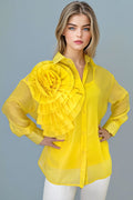 T00117 SHEER BUTTON-DOWN LONG SLEEVE TOP (YELLOW, ORANGE)
