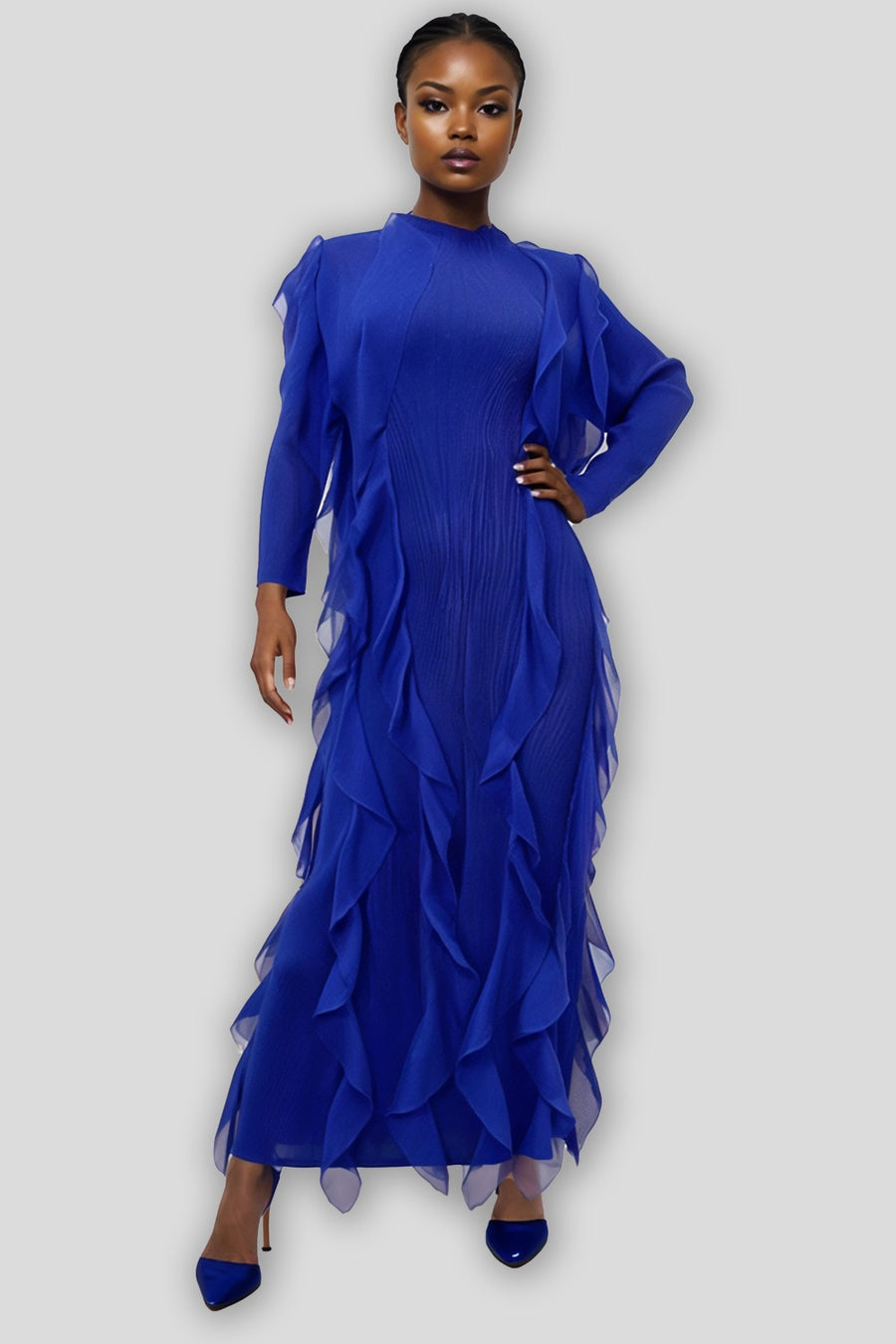 N1040 MOCK NECK CRINKLED DRESS (BLUE, BLK)