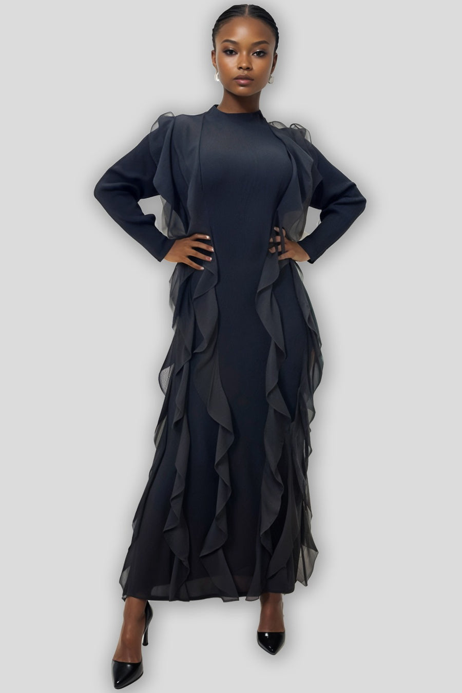 N1040 MOCK NECK CRINKLED DRESS (BLUE, BLK)