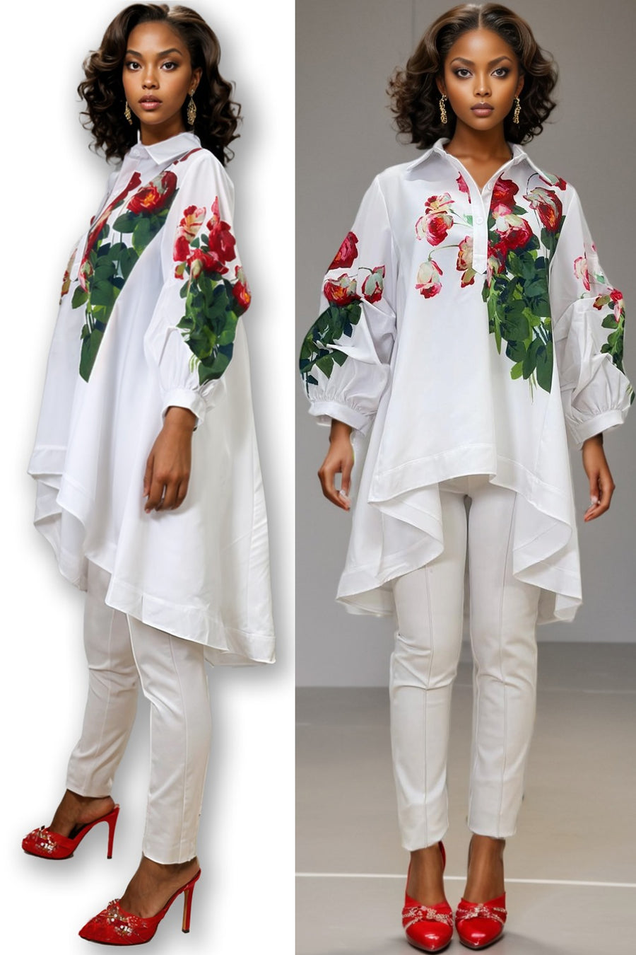 S2311 GATHERED SLEEVE HI-LO TOP (WHT, BLUE)