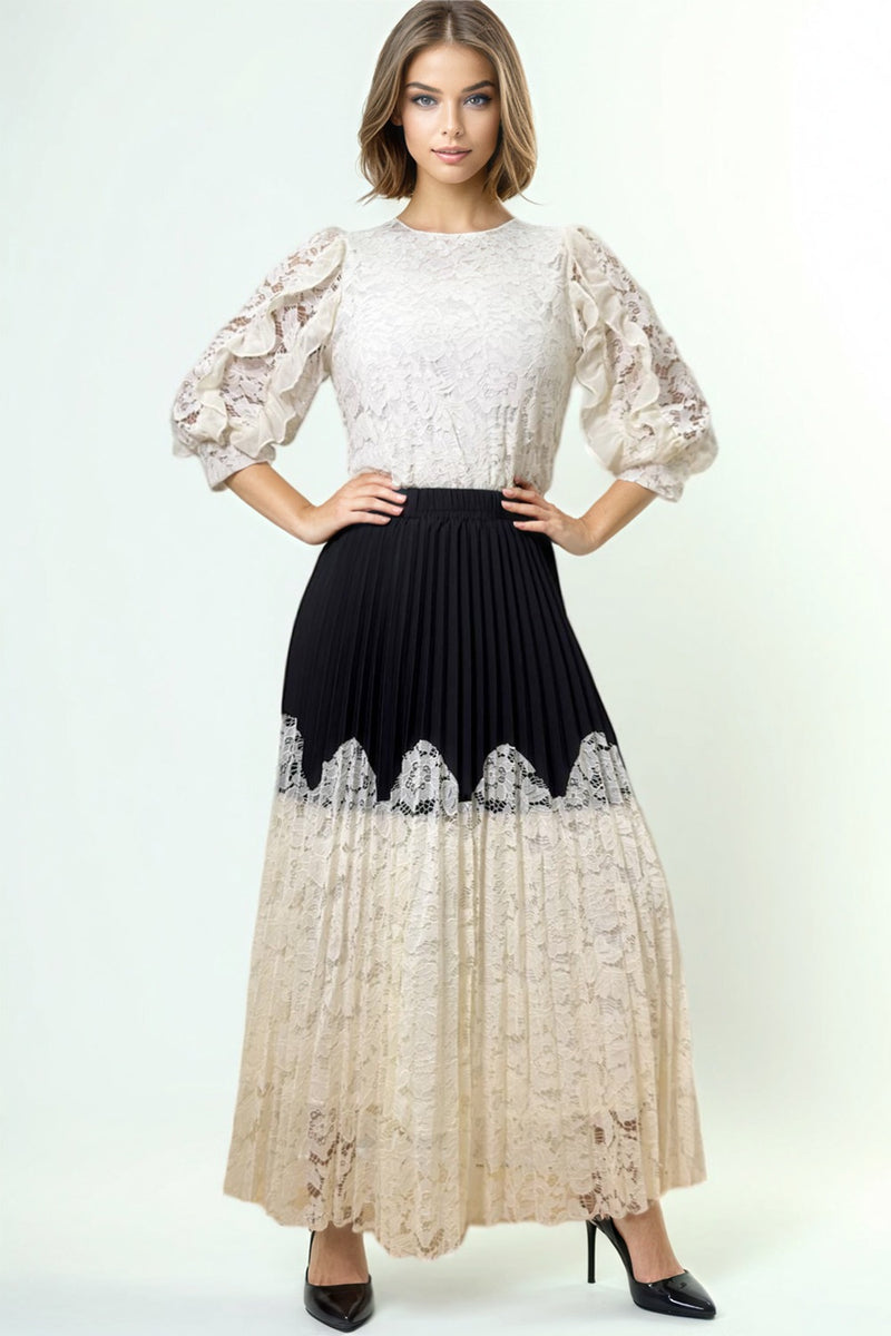 X7801 PLEATED LACE SKIRT (BLK/IVORY, IVORY, BLK) – N by Nancy