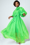 A93111A PUFF SLEEVE DRESS (GRN, WHT)