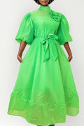 A93111A PUFF SLEEVE DRESS (GRN, WHT)