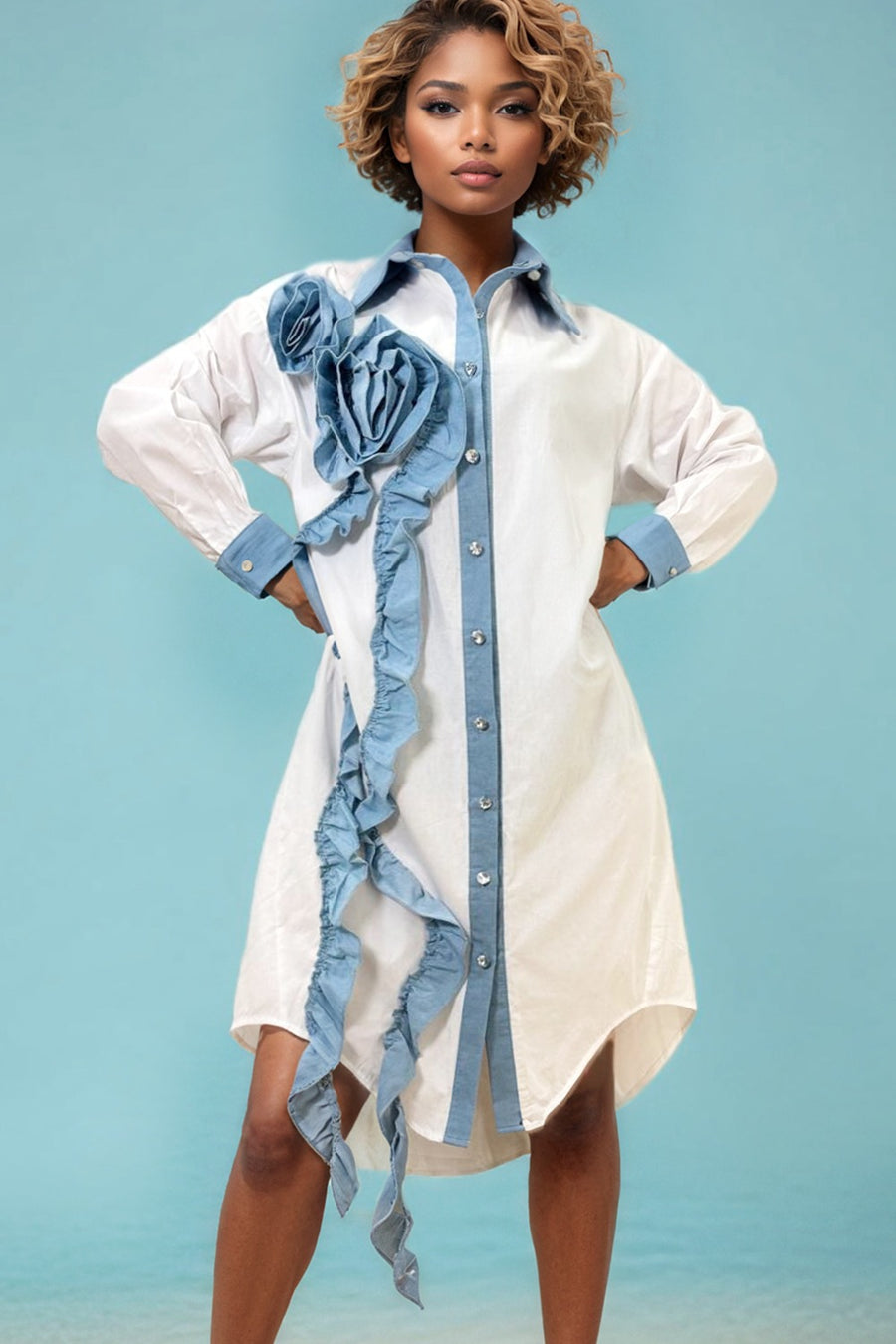 W5941 RUFFLE FLOWER SHIRT DRESS