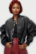 CH0098 PUFF-SLEEVE BOMBER JACKET TOP (BLK, GRN)