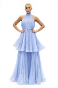 GF1623 PLEATED TIERED HALTER MAXI DRESS (RED, BLU)