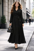 NY0027 PLEATED V-NECK DRESS (KHAKI, BLK)