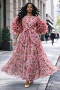 X7686 FLORAL RUFFLE SLEEVE DRESS (PINK, GRN)