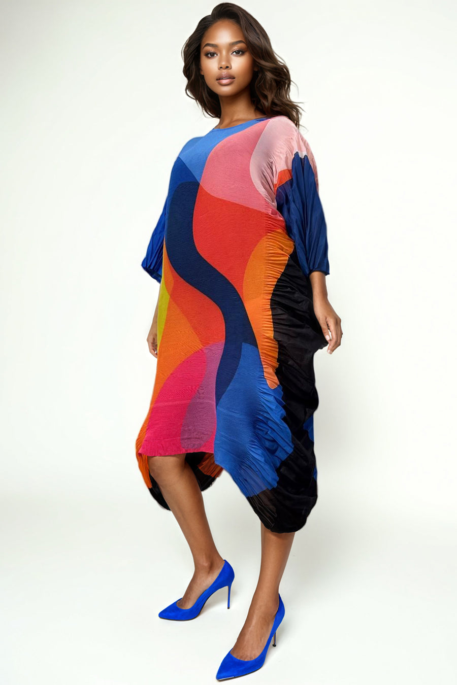 NY0001 PLEATED WAVE DRESS (BLUE, GRN) SMALL ONLY