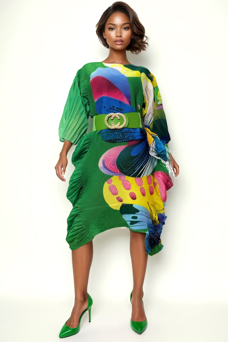 NY0001 PLEATED WAVE DRESS (BLUE, GRN) SMALL ONLY