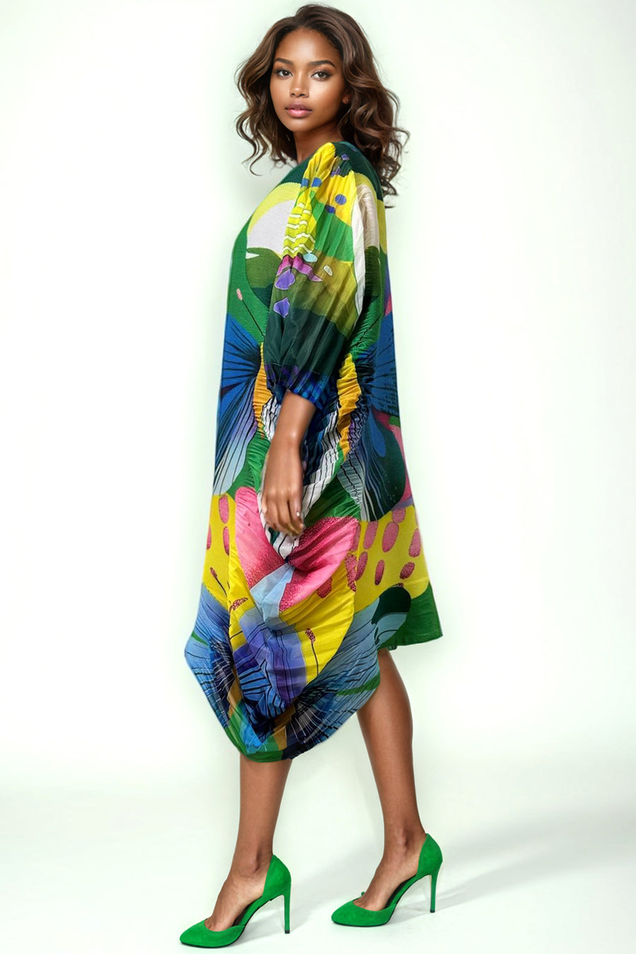 NY0001 PLEATED WAVE DRESS (BLUE, GRN) SMALL ONLY