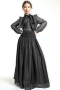 W5947 TIE NECK TOP / SKIRT SET (BLK, GRN)